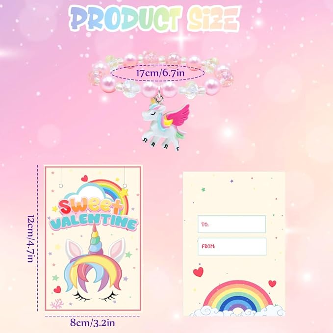 28PCS Valentines Day Gift Cards with Rainbow Unicorn Beaded Bracelets, Colorful Unicorn Beads Bracelet Toys for Valentine's Party Favors