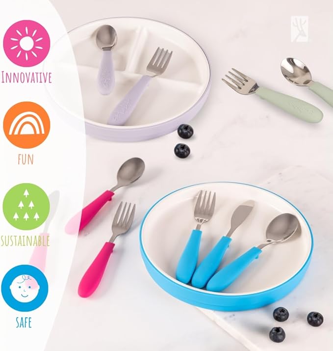 Elk and Friends Kids Silverware with Silicone Handle | Childrens Safe Flatware | Kids Utensils | Spoon + Fork + Knife set | 4 years+ | 6 Pieces