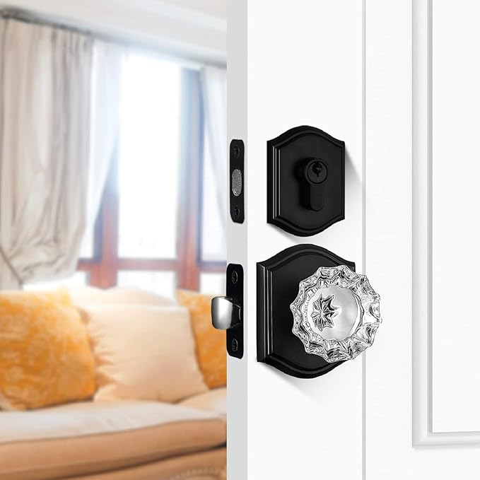 Crystal Glass Passage Door Knob and Single Cylinder Deadbolt Combo Set, Matte Black Finish