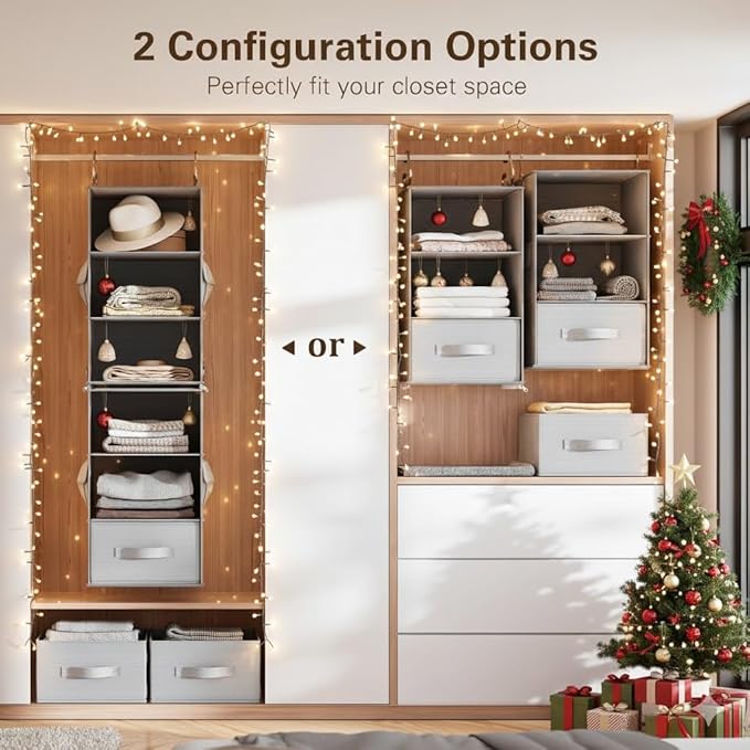 Pipishell 6-Shelf Hanging Closet Organizer with 2 Separable 3-Tier Shelves, 3 Drawers & Side Pockets Closet Organizers and Storage for Wardrobe Organization and Nursery Clothes Organizer, Gray