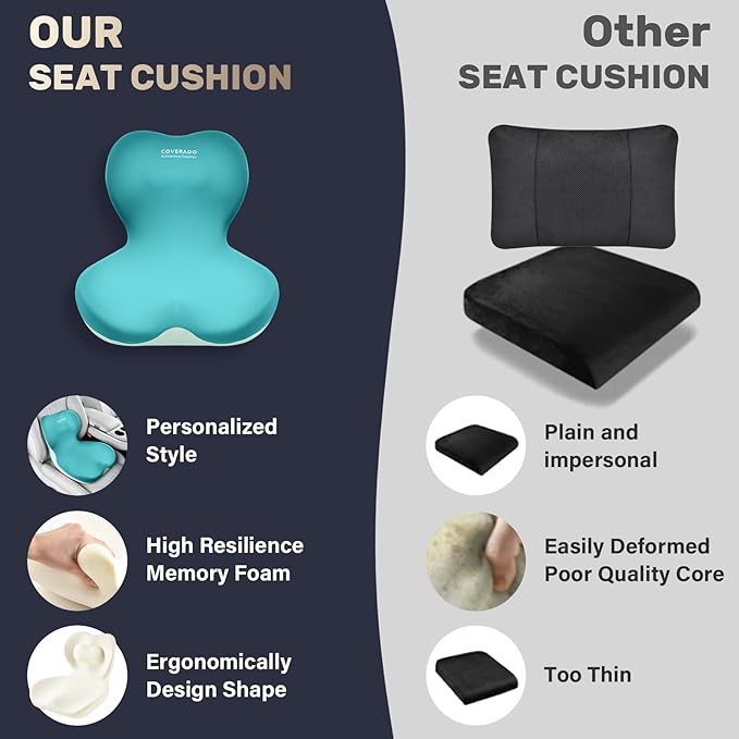 Coverado Car Seat Cushion and Lumbar Support Pillow One Piece, Memory Foam Ergonomic Back Support Driving Seat Cushion for Back Pain, Non-Slip Washable Cushion for Car, Driver, Office