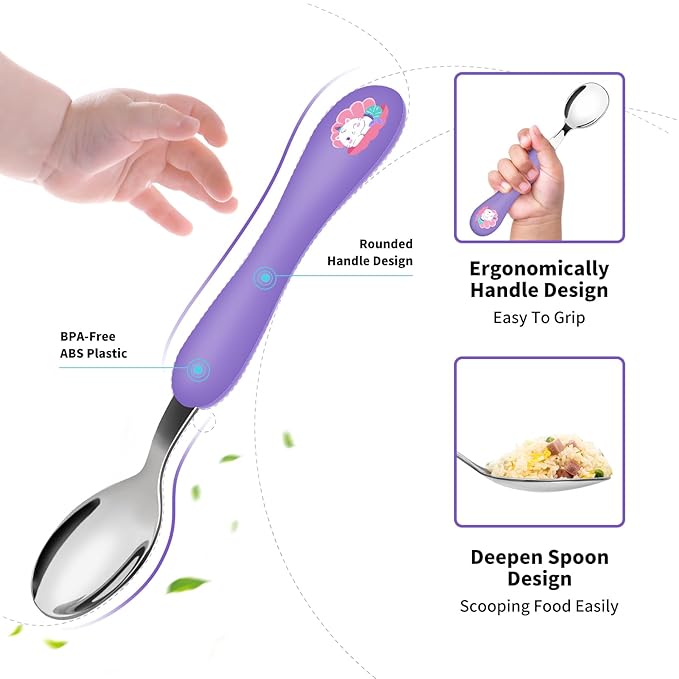 Lehoo Castle Toddler Fork and Spoon, 6pcs Toddler Utensils Kids Silverware, Safe Stainless Steel Toddler Fork Spoon Set, Children Flatware Set, Incudes 3 Spoons and 3 Forks (Light Purple + Blue)