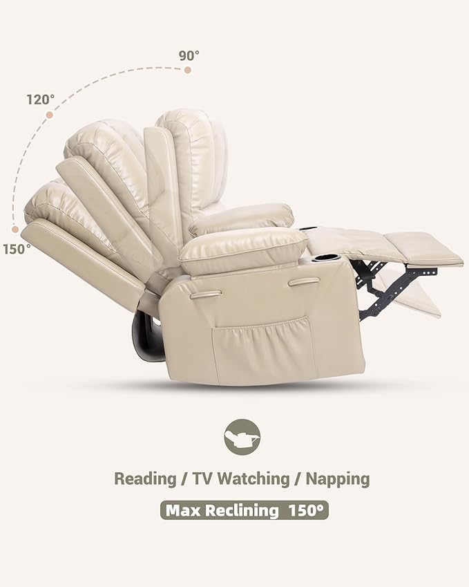 22'' Leather Recliner Chair for Adults, Overstuffed Manual Recliner Chair, Single Sofa with Cup Holder and Side Pockets, Upholstered Chair for Living Rooms, Creamy