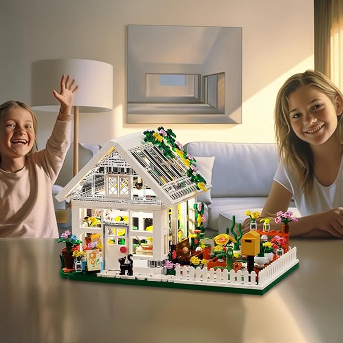 Flower House Building Mini Set with LED, City Street View Greenhouse Building Blocks Toy, Valentine Xmas Gift for Friends or Girls 8-12 Year