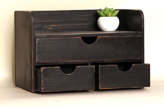 Vintage Rustic Wooden 3 Drawer with Shelf Office Desk Organizer & Mail Rack For Desktop,Box for Office Home Toiletries Supplies Vanity, No Assembly Required (Rustic Black)