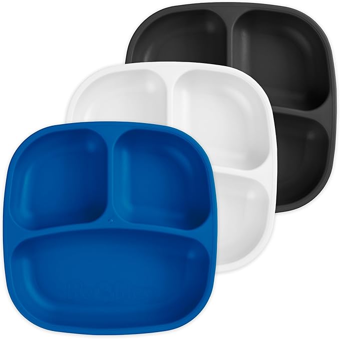 Re-Play Made in USA 7" Deep Walled Divided Plates for Kids, Set of 3 - Reusable 3 Compartment Plates, Dishwasher and Microwave Safe - 7.37" x 7.37" x 1.25", Droid