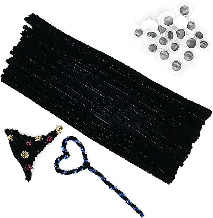 Cldamecy 100 pcs Black Pipe Cleaners with 20 pcs Googly Eyes,Chenille Stems for Craft Project,Craft Pipe Cleaners for DIY Projects,Arts and Holiday Decoration