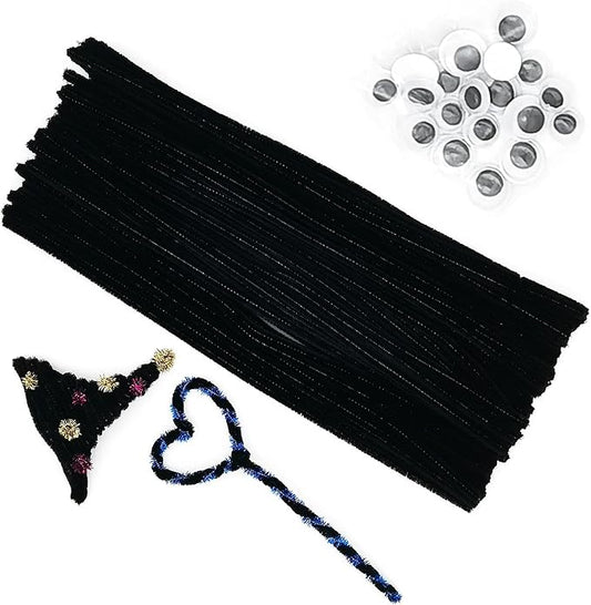 Cldamecy 100 pcs Black Pipe Cleaners with 20 pcs Googly Eyes,Chenille Stems for Craft Project,Craft Pipe Cleaners for DIY Projects,Arts and Holiday Decoration