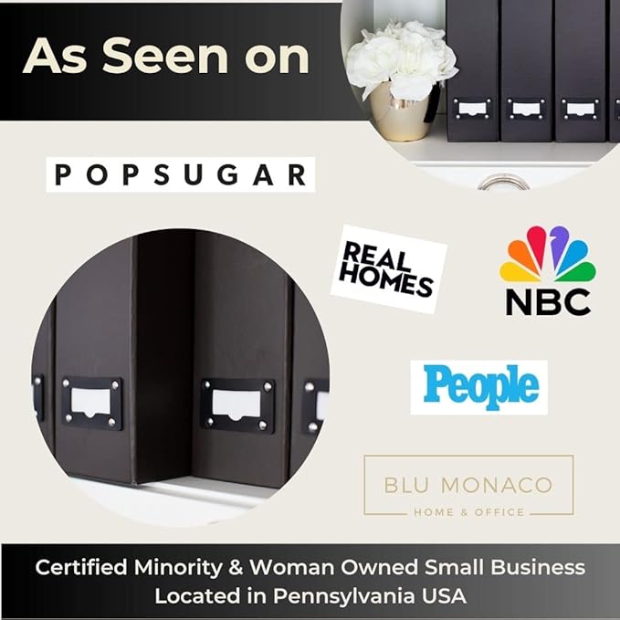 BLU MONACO Foldable Black Magazine File Holder – Set of 6 | Cardboard Desk File Organizer Boxes with Leather Label Holders | Vertical Magazine Storage for Office, Classroom & Home