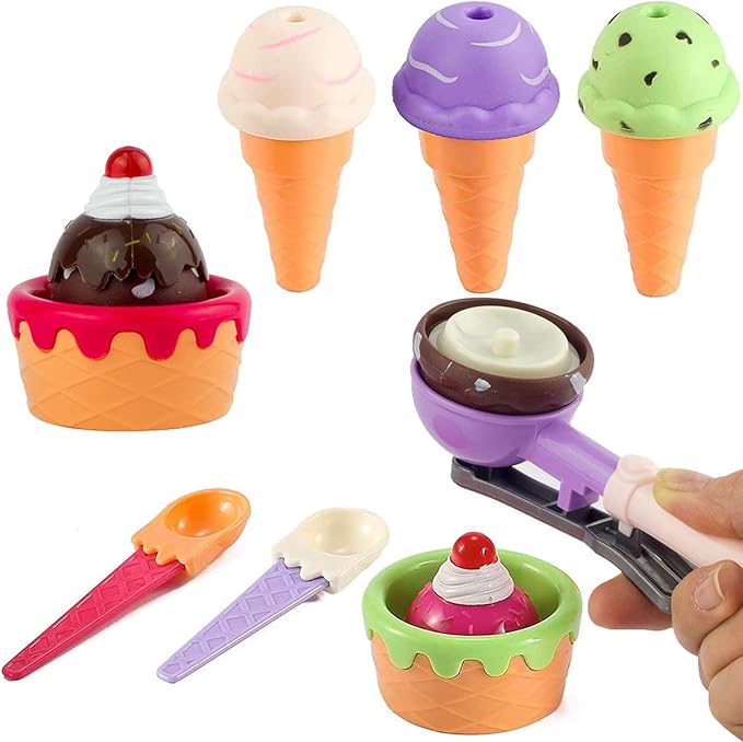 Kids Ice Cream Toy Set - Pretend Play Sweet Treats Ice Cream Parlour Dessert Accessories Playset with Cone and Scoop for Toddler Imaginary Play