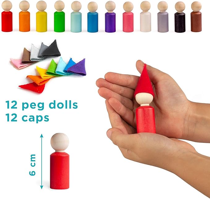 Ulanik Peg Dolls with Hats Toddler Montessori Toys for 3 Year Old + Kids Wooden Waldorf Dolls for Learning Color Sorting and Counting — 12 Gnomes, 2.36 in