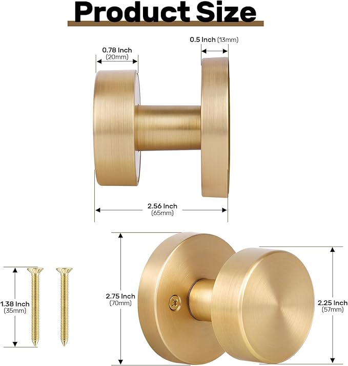 2 Pack Brushed Brass Dummy Door Knobs Interior, Satin Brass Door Knob Round Modern Gold Dummy Door Handle Interior for Hall Pantry Closets