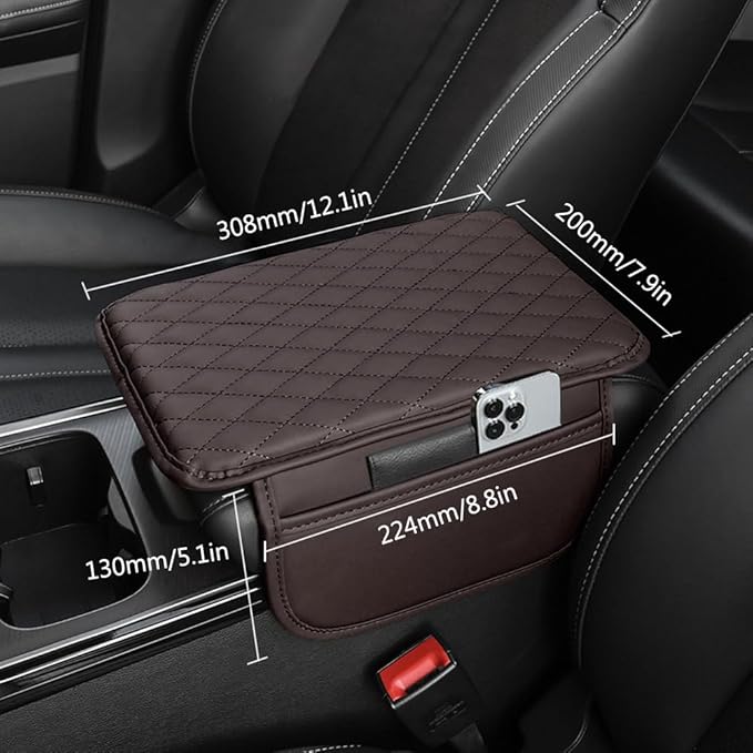 Car Center Console Armrest Cover, Leather Car Center Console Cover Cushion with 2 Storage Bags, Universal Center Console Pad Car Armrest Lids Storage Box Auto Interior Accessories (Mocha Brown)