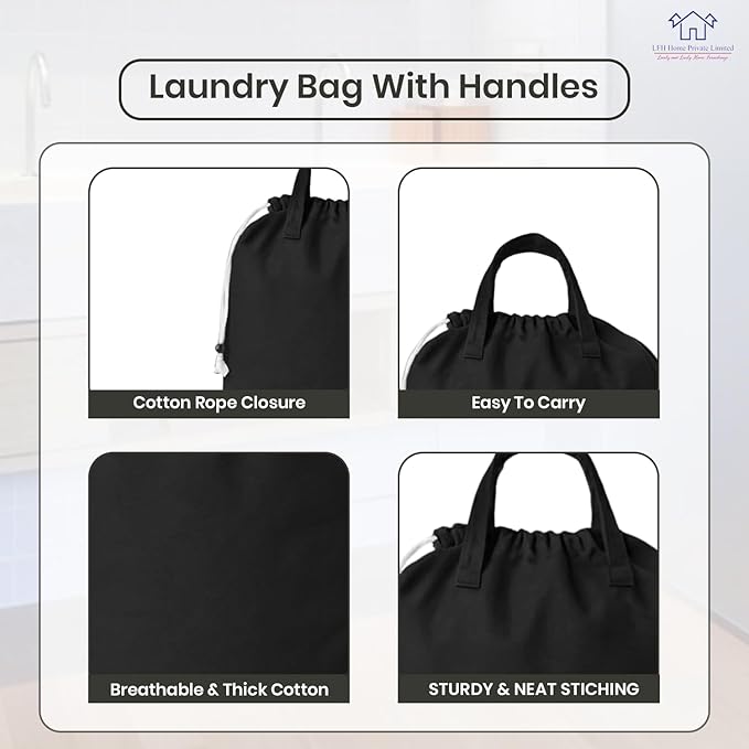 LFH Home Large Premium Cotton Canvas Laundry Bag with Drawstring and Handles Heavy Duty, Multi-Use, and Washable for Home, Travel, College or Storage 28x 40 (Pack of 6)-Black