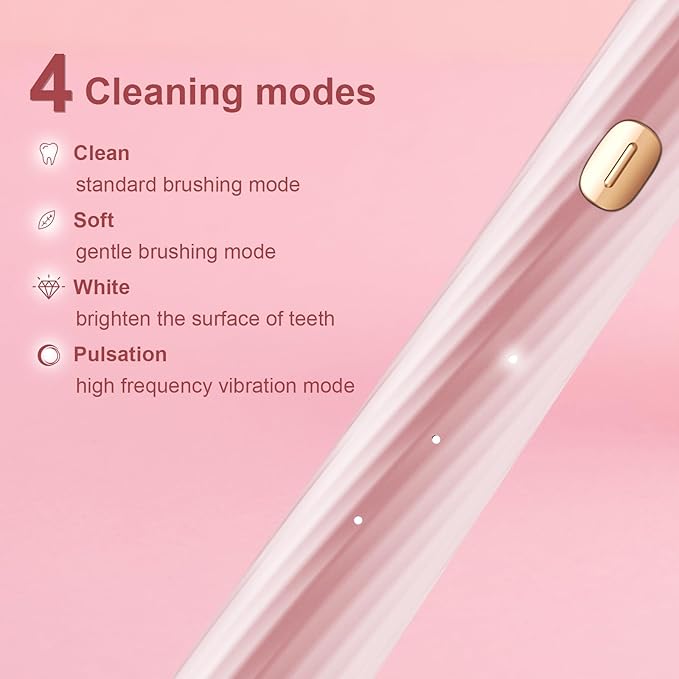 Electric Toothbrush for Adults and Kids, Sonic Electric Toothbrush, 4 Modes and 2 Minute Timer, 30000-45000VPM Power Toothbrush, IPX8, One Charge for 90 days 8 Replacement Head, Christmas Gift (Pink)