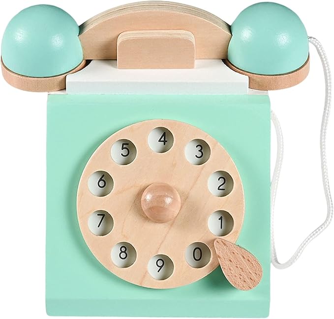 Classic Wooden Telephone, Realistic Vintage Dial Telephone Playset Pretend Play Montessori Interactive for Age 3Y and Up