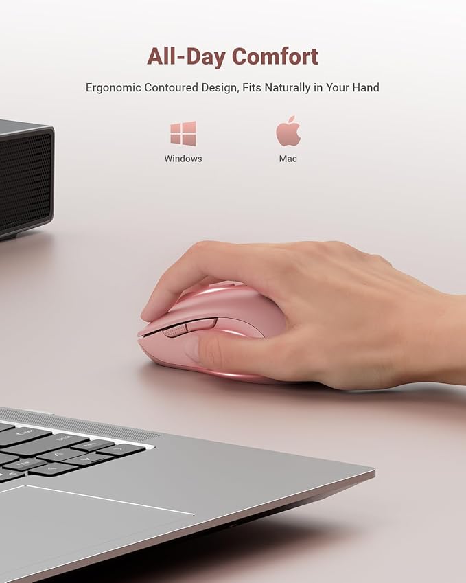 USB Wireless Mouse for Laptop PC Mac, 2.4GHz Cordless Mouse with 6 Buttons, 5-Level Adjustable 4000 DPI, Ergonomic Portable Optical Computer Mice, 24-Month Battery Life-Pink