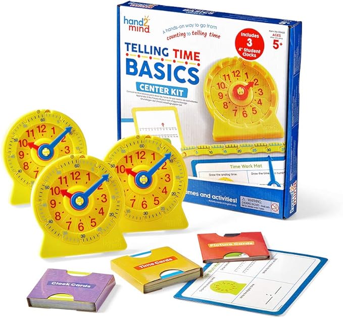 hand2mind Telling Time Basics Center Kit, NumberLine Learn to Tell Time Activity Set, Telling Time Teaching Clock Activities, Analog Classroom Clock for Kids, Math Manipulatives for Elementary School