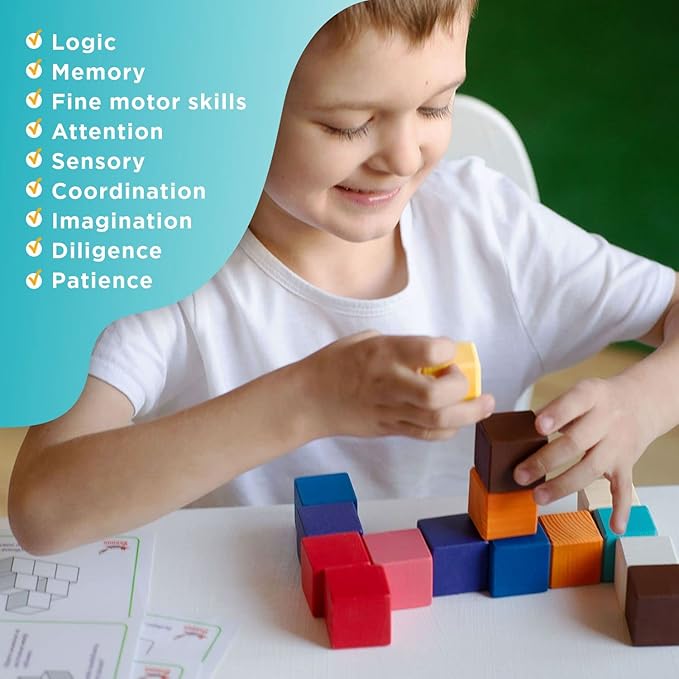 Ulanik Small Colored Cubes Toddler Montessori Toys for 3 Year Old + Kids Wooden Building Blocks Game for Learning Color Sorting and Counting — 40 pcs, 1.2 in