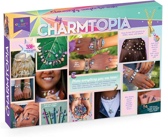 Craft-tastic — DIY Charmtopia — Craft Kit — Fun & Easy DIY Puffy Sticker Charms — Includes Materials to Design Bracelets, Necklaces, Hair Pins, Rings & More — Jewelry Making Gift - Ages 10+