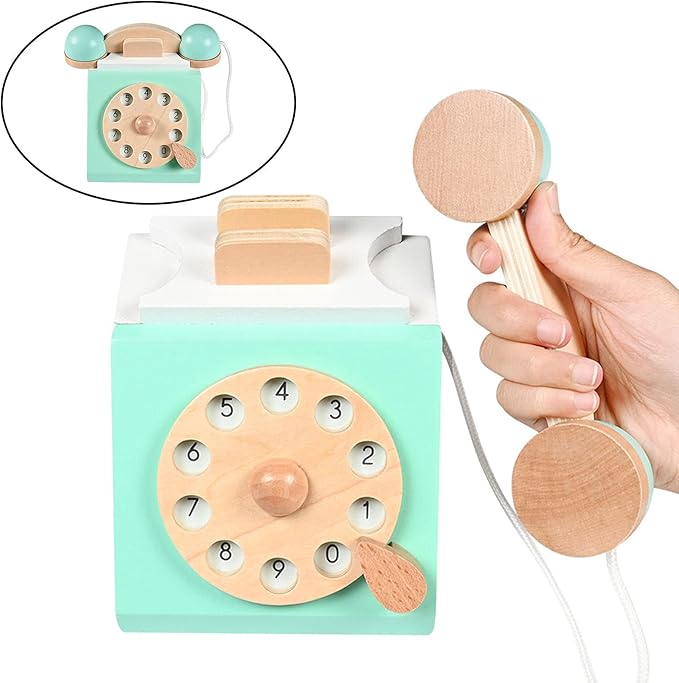 Classic Wooden Telephone, Realistic Vintage Dial Telephone Playset Pretend Play Montessori Interactive for Age 3Y and Up