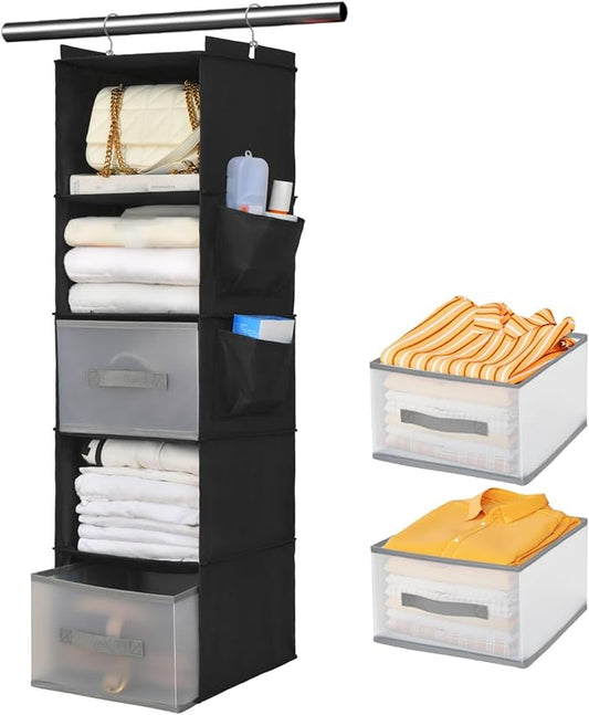 BIEBOS 5-layer suspended fabric shelf organizer, equipped with 2 sturdy hooks, 2 separate drawers, and foldable hanging storage (black)