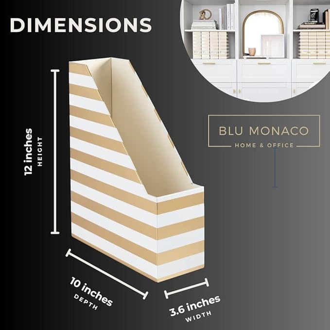 BLU MONACO Set of 4 Gold & White Striped Magazine File Boxes | Foldable Cardboard File Organizer Boxes with Gold Label Holders | Stylish Desk Organizer for Home Office and Classroom