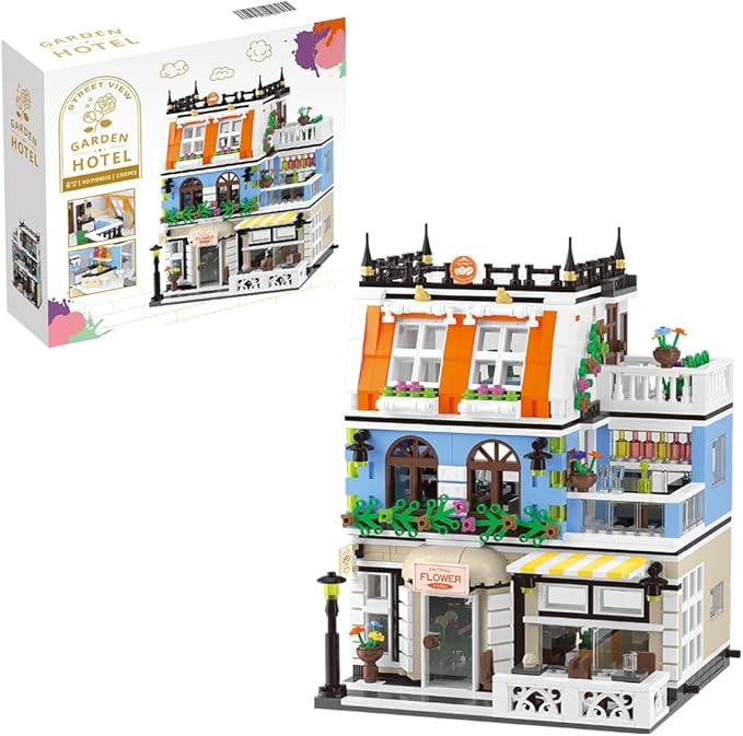 City Garden Hotel Building Sets,House Architecture Model Blocks Toys for Adults & Teens，1300 PCS Mini Bricks with LED(Not Compatible with Lego)