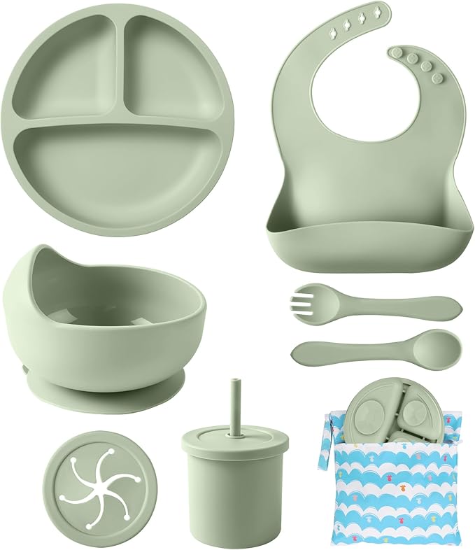 Silicone Baby Feeding Set, 10 Pcs Baby Led Weaning Supplies with Suction Bowl Divided Plate Adjustable Bib Soft Spoon Fork Snack Cup with Lid Drinking Cup, Utensil (Dark Green)