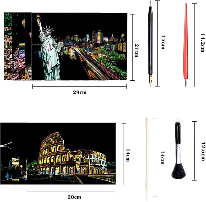 Georgie Porgy Scratch Paper Art A4 Set for Kids Adults Magic Rainbow Scratch Postcards Boards for DIY Arts and Crafts Kits Christmas Birthday Gift with Scratching Tools Kit (Europe+USA)