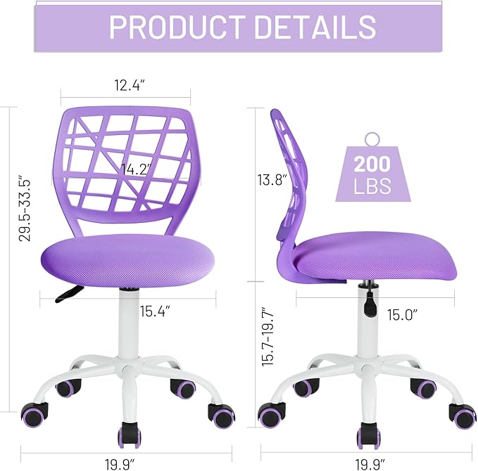 FurnitureR Kids Desk Chair, Armless Small Adjsutable Swivel Task Chair with Soft Cushion for Study Kids Teens Child, Purple