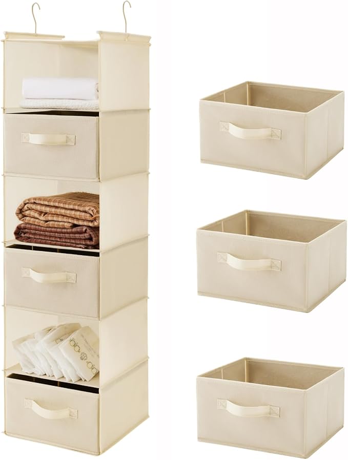 MAX Houser 6 Tier Shelf Hanging Closet Organizer, Closet Hanging Shelf with 2 Sturdy Hooks for Storage, Foldable (Beige-D3)