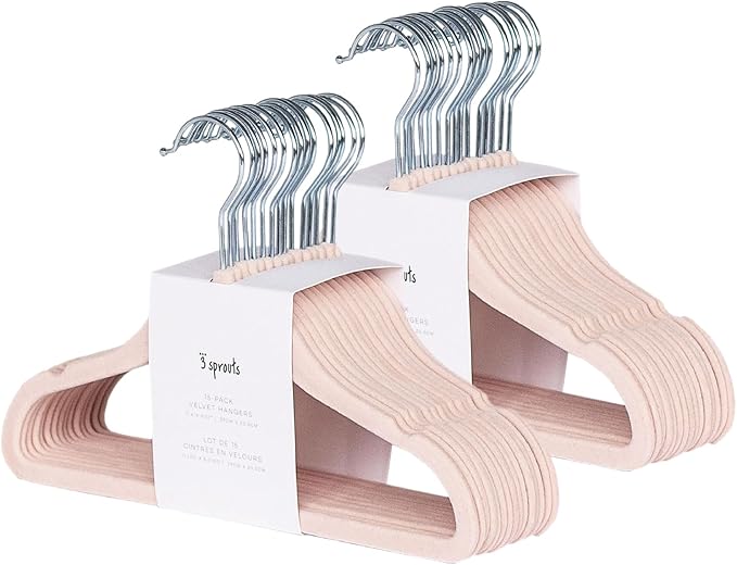 3 Sprouts Velvet Baby Hangers - Non-Slip Hanger for Infant, Toddler, Baby Clothes - Closet Kids Hangers with Slim Design, Nordic Colors, Pack of 30 - Pink