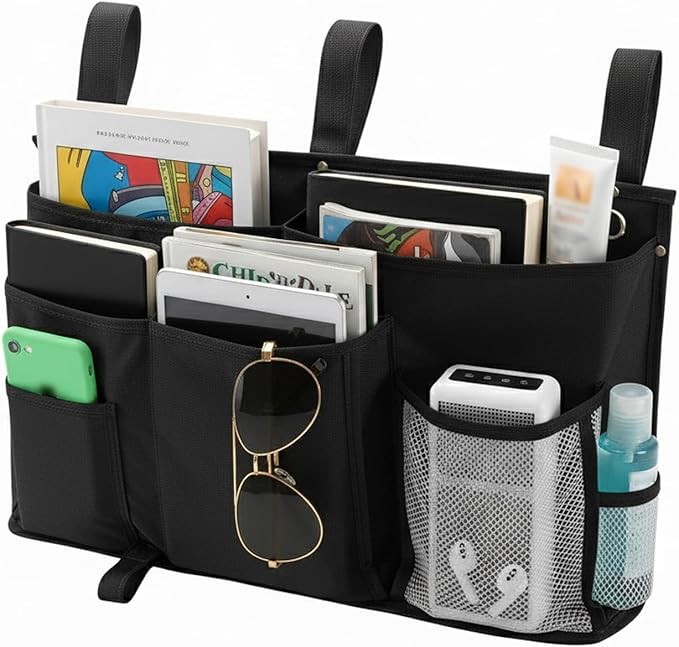 Bedside Organizer, Durable Bunk Bed Caddy, Multi-Pocket Hanging Storage Bag for College Dorm, Home, Hospital and Baby Stroller, Easy Installation, Metal Rivets Added, Oxford Fabric (Black)