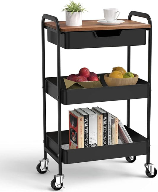3 Tier Rolling Cart with Drawer, Metal Utility Cart on Wheels Storage Cart with Wood Top, Kitchen Cart Art Cart Organizer for Bathroom Office Balcony Living Room