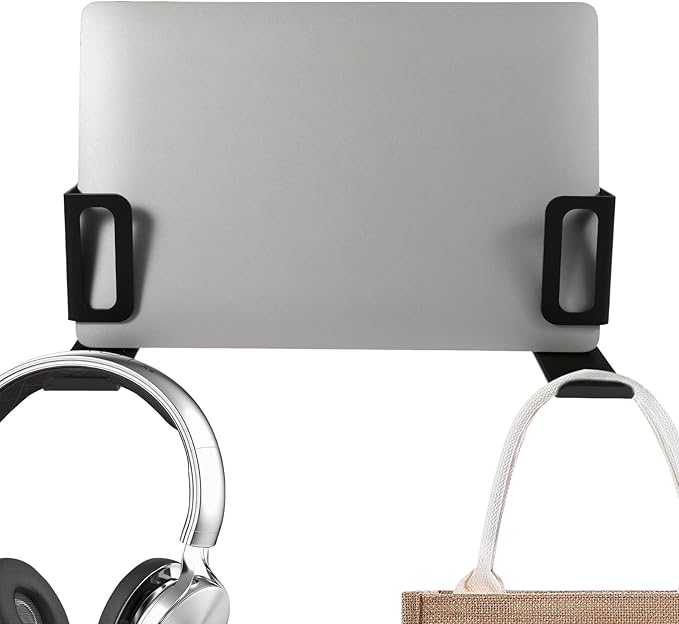 Desk Side Laptop Stand, Vertical Desk Side Laptop Holder with Headphone Stand, Adjustable Length Mount Storage Rack, No Drill Clamp Organizer for Laptops, Tablets, Keyboards (Black)