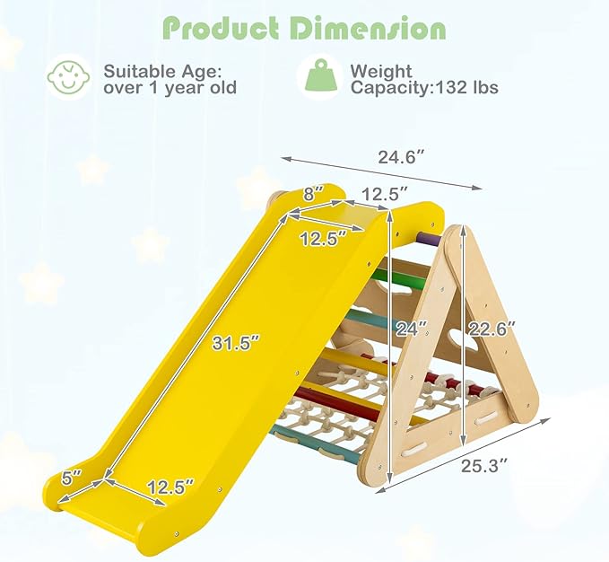 HONEY JOY 4-in-1 Triangle Climber with Ramp, 3-Side Kids Climbing Triangle Ladder with Net Rope & Bars, Wooden Montessori Climbing Toys for Toddlers Daycare, Gym & Playground, Gift for Boys Girls