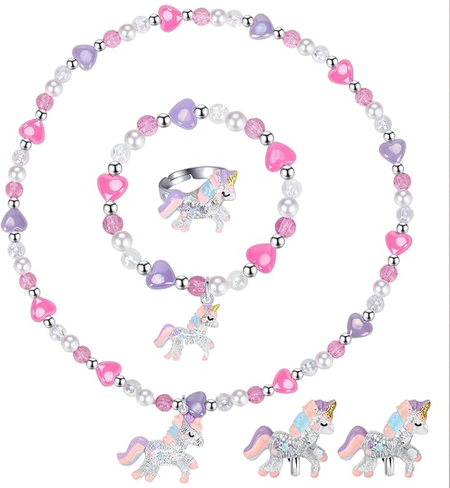 Girls Play Necklace and Bracelets Ring Clip on Earrings Toddler Unicorn Jewelry Kids Little Girls Unicorn Necklace Set Charm Bling Bling Unicorn Pendants Party Favors Toddlers Colorful Dress up Jewelry Gifts-AA002