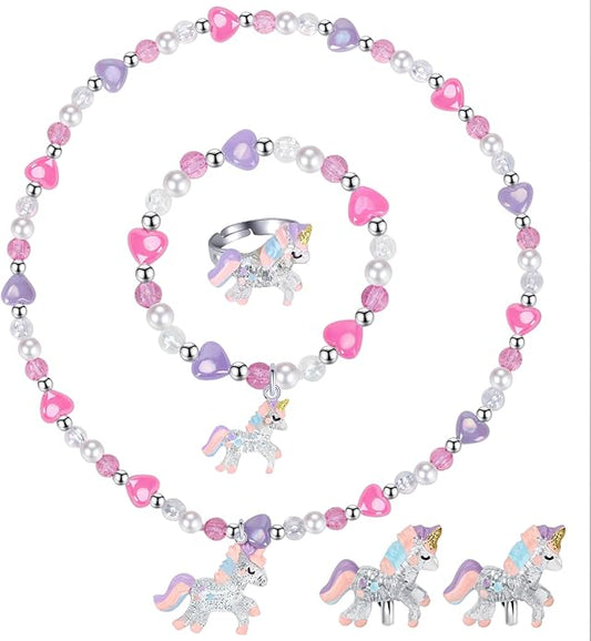 Girls Play Necklace and Bracelets Ring Clip on Earrings Toddler Unicorn Jewelry Kids Little Girls Unicorn Necklace Set Charm Bling Bling Unicorn Pendants Party Favors Toddlers Colorful Dress up Jewelry Gifts-AA002