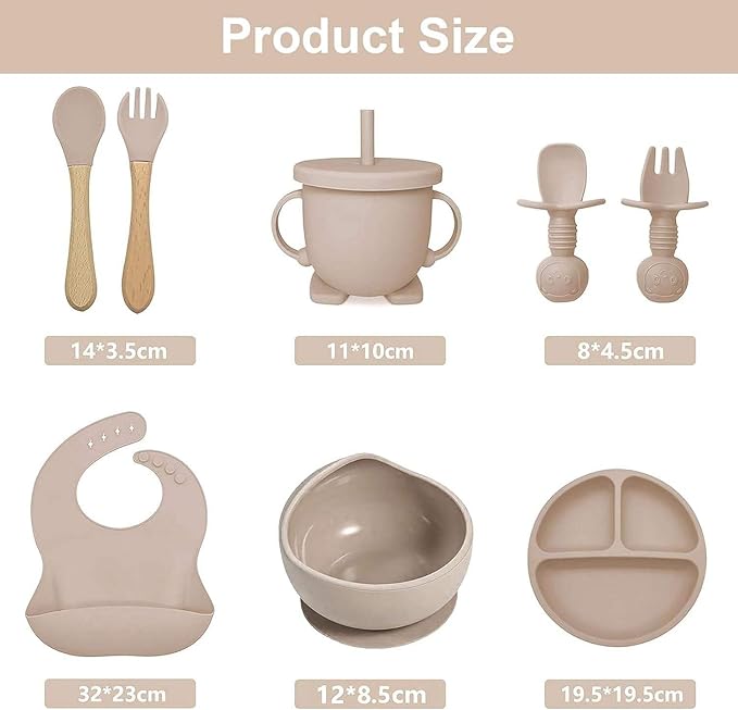 Baby Feeding Tableware Set Silicone Tray and Bowl with Suction Cup Baby Weaning Supplies Adjustable Waterproof Bib Learning Cup and 2 Spoons 2 Forks 8-Piece Set（Apricot）