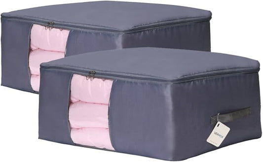 Comforter Storage Bags Containers,Pillow Beddings/Blanket Clothes Organizer Storage Containers With Zippers,Breathable and Moistureproof. (Grey 2pcs, L)