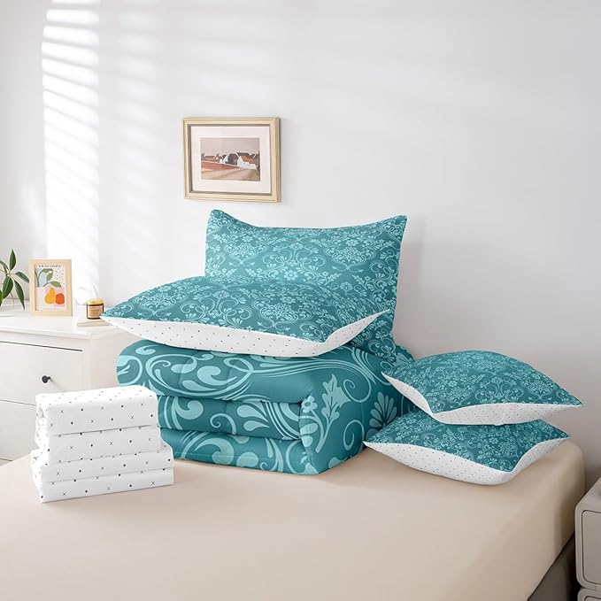 Feelyou Adults Teal Vintage Damask Floral Bedding Set Oriental Antique Comforter Set 7 Pieces Comforters Full Size Gothic Bohemia Boho FlowerBohemian Exotic Bed in a Bag