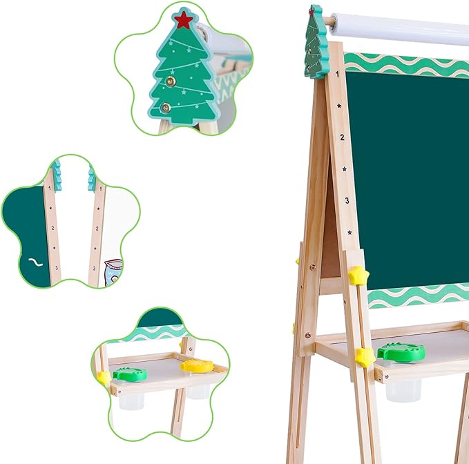 Kids Easel with Paper Roll Wooden Art Easel with Chalkboard & White Board Painting Accessories Storage Tray Double-Sided Board Height Adjustable