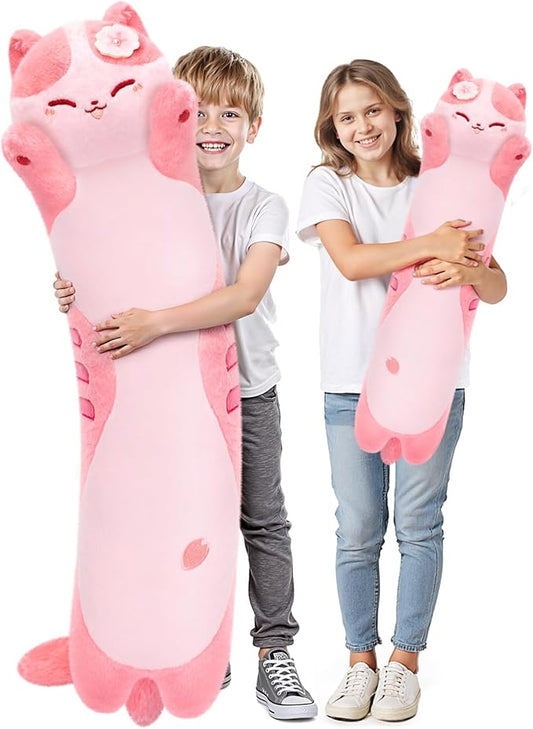 Mewaii Artist-Designed Ultra Soft Long Cat Plush Body Pillow, Extra Stuffing for Comfort, Premium Quality Stuffed Animal Gift for Girlfriend or Cat Lovers (Cherry Blossom Pink Cat Body Pillow 44 Inch)