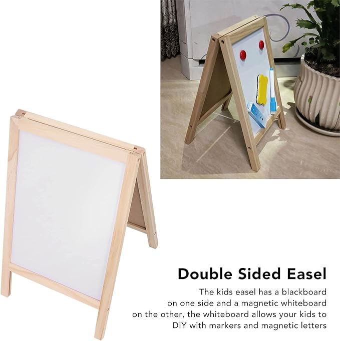 Jeanoko Kids Easel Whiteboard, Kids Easel Double Sided Foldable Standing Large Painting Space Poplar Structure Wooden Easel 25x40cm with Accessories