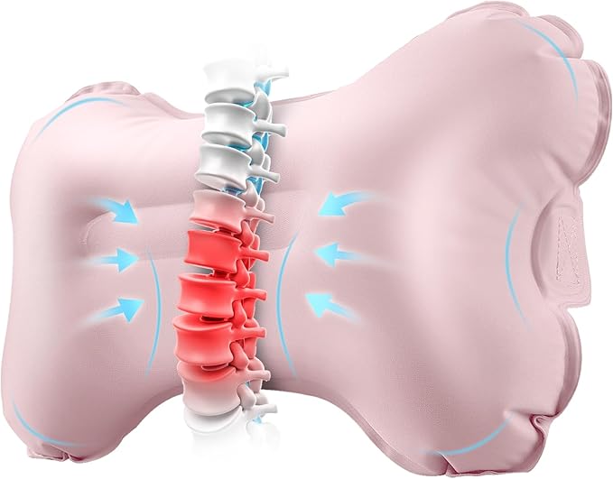 Mixtrend Travel Lumbar Pillow – Inflatable Memory Foam Back Support Cushion for Airplane, Car, Office Chair, Long Flight – Ergonomic Pain Relief for Women, Men & Kids（Blush Pink）