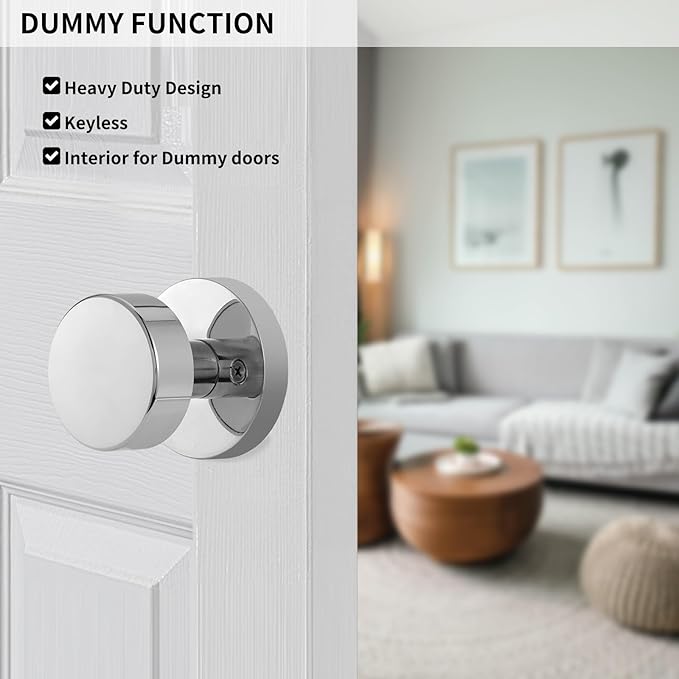 4 Pack Polished Chrome Dummy Door Knobs Interior, One-Sided Silver Door Knobs for Closets and French Double Doors, Non-Turning Round Modern Door Handles