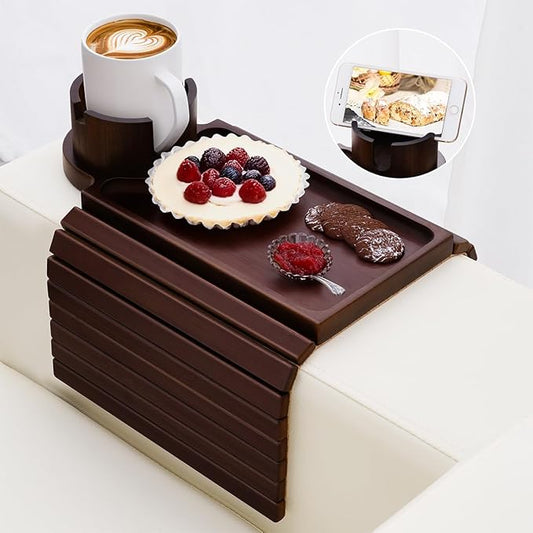 Couch Cup Holder Tray - 3 in 1 Couch Arm Table with 360° Rotating Phone Holder, Foldable Sofa Arm Tray for Drink Table, Snacks Table,Hold Cellphone Remote or Books