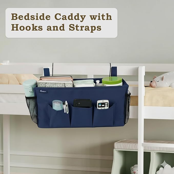 Surblue Bedside Organizer with Hook Bedside Caddy Hanging Storage Bag with Adjustable Straps and Water Bottle Holder for Home College Dorm Bunk Bed Accessories, Crib Bed Rails, Hospital Bed,Navy,2PCS