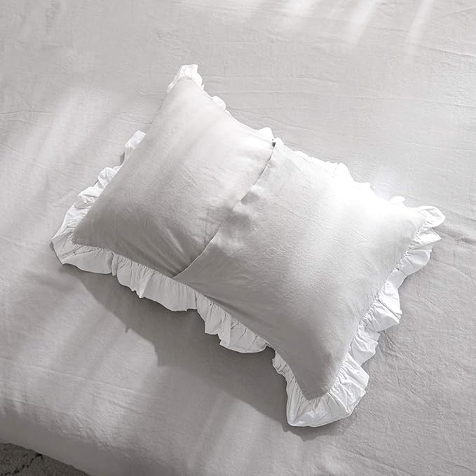 Simple&Opulence 100% Linen Duvet Cover Set (88"x92") Floral Flax Queen Size, Shabby Chic Ruffle Edge Lace Insert Decoration, 3 Pcs Farmhouse Bedding-1 Comforter Cover 1 Pillow Shams, Floral Grey